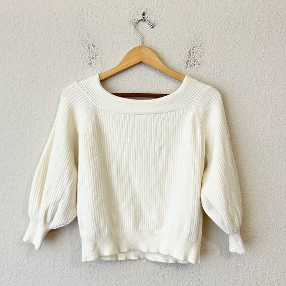 MOTH ANTHROPOLOGIE Sweater Ivory Off The Shoulder Pullover Ribbed Knit - Picture 2 of 9
